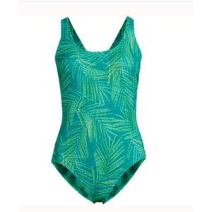 Lands' End One-Piece Swimsuit 4 island emerald Green palm Tugless UPF 50 new s